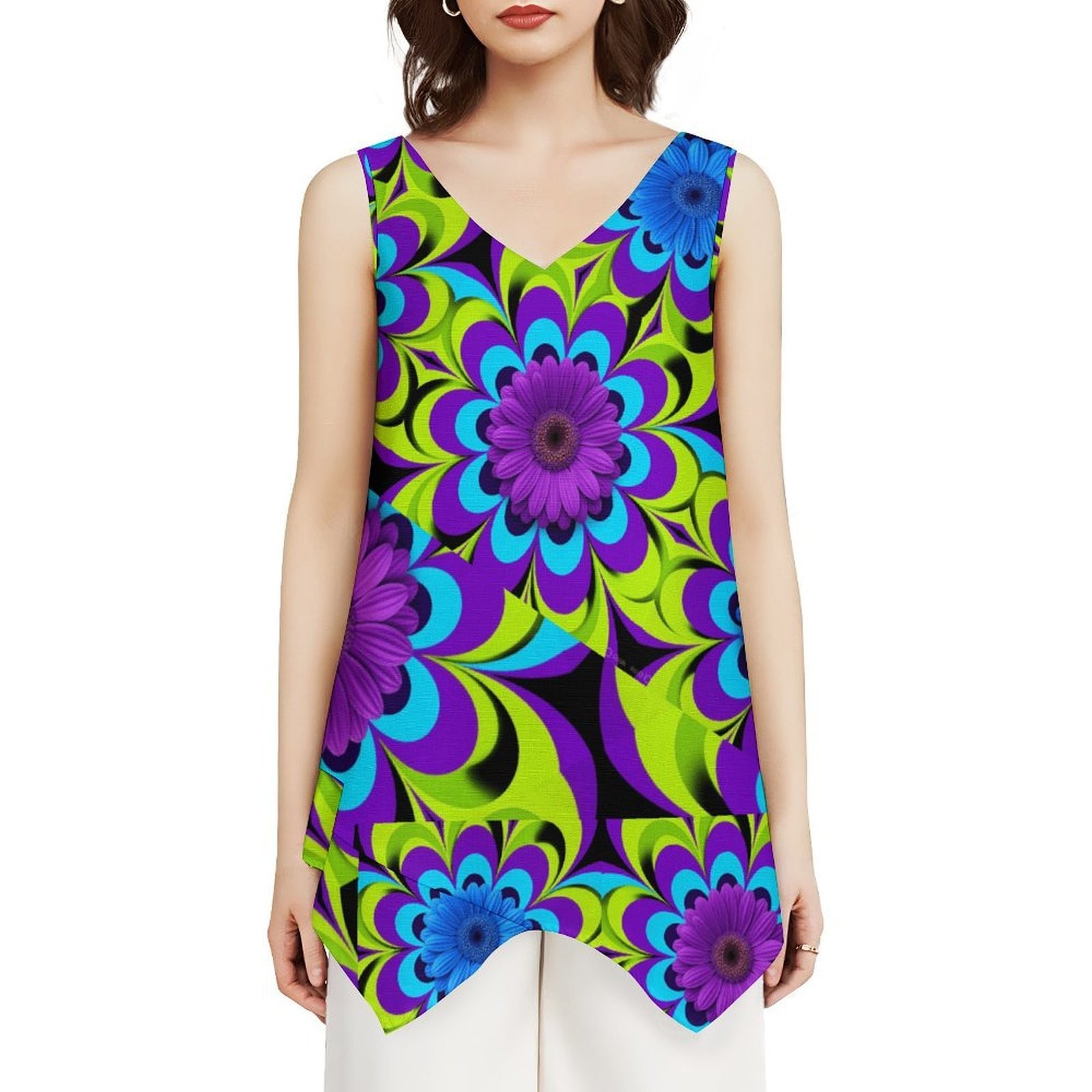 Blue Flower Linen V-Neck Tank