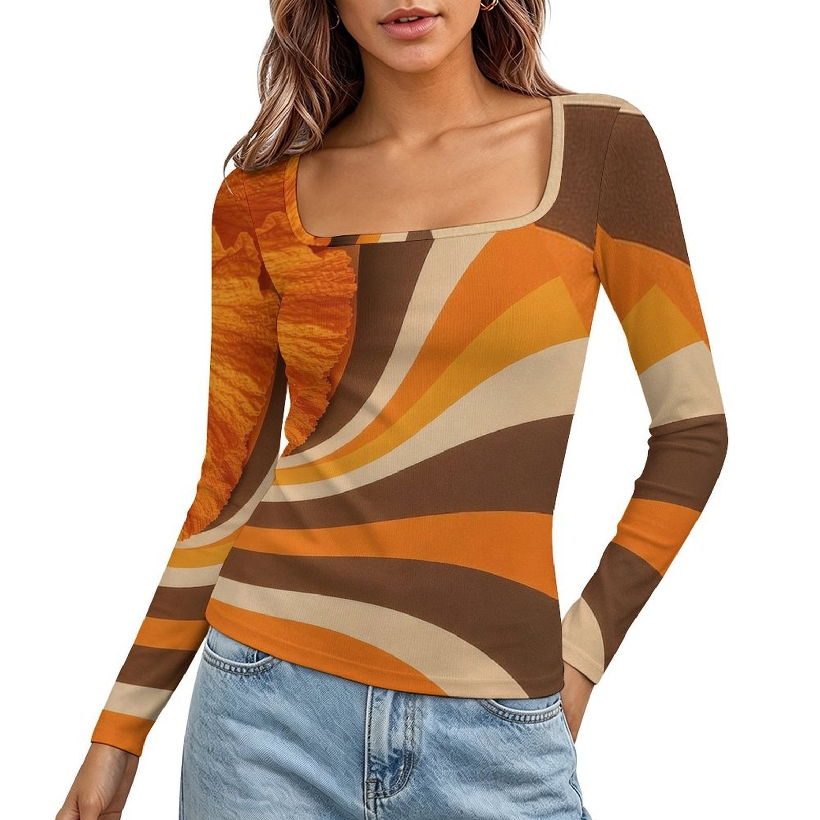 Swirl Square Neck Long Sleeve Top